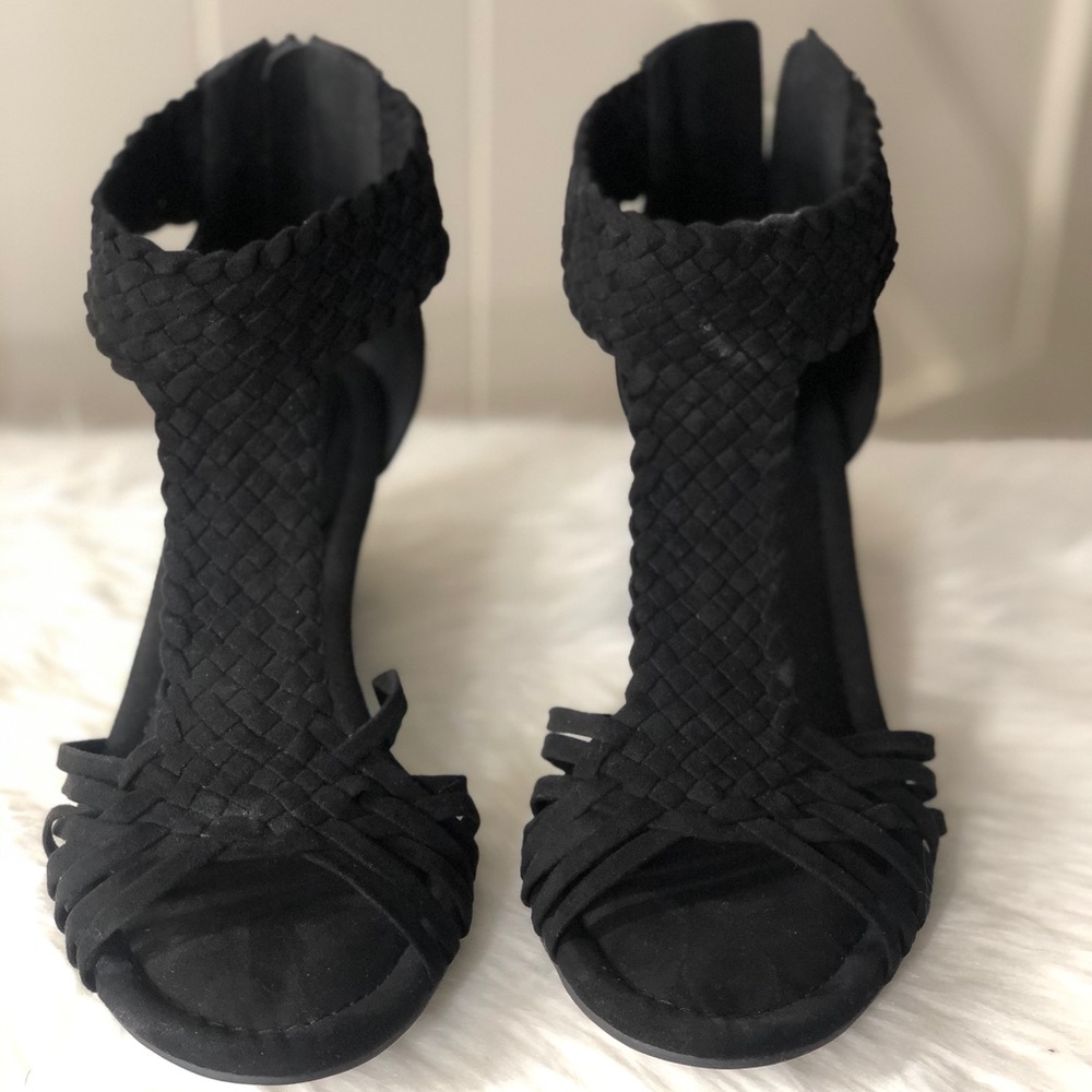 Black velvet wedge heels